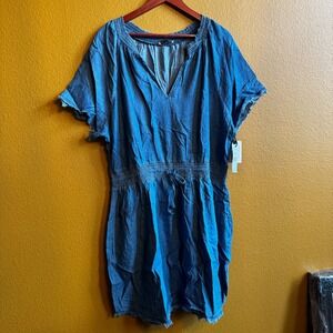 Dex Denim‎ Chambray Tencel Dress 2X V Neck Smocked Waist Drawstring Frayed Hem